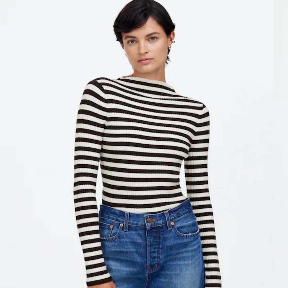 Madewell NWOT Ribbed Mock Neck Stripe Sweater Brown Sz L